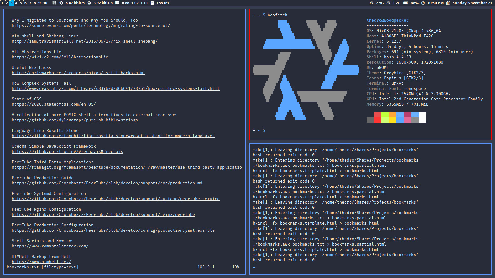 Three terminals arranged on a NixOS desktop
workspace Three terminals arranged on a NixOS desktop
workspace